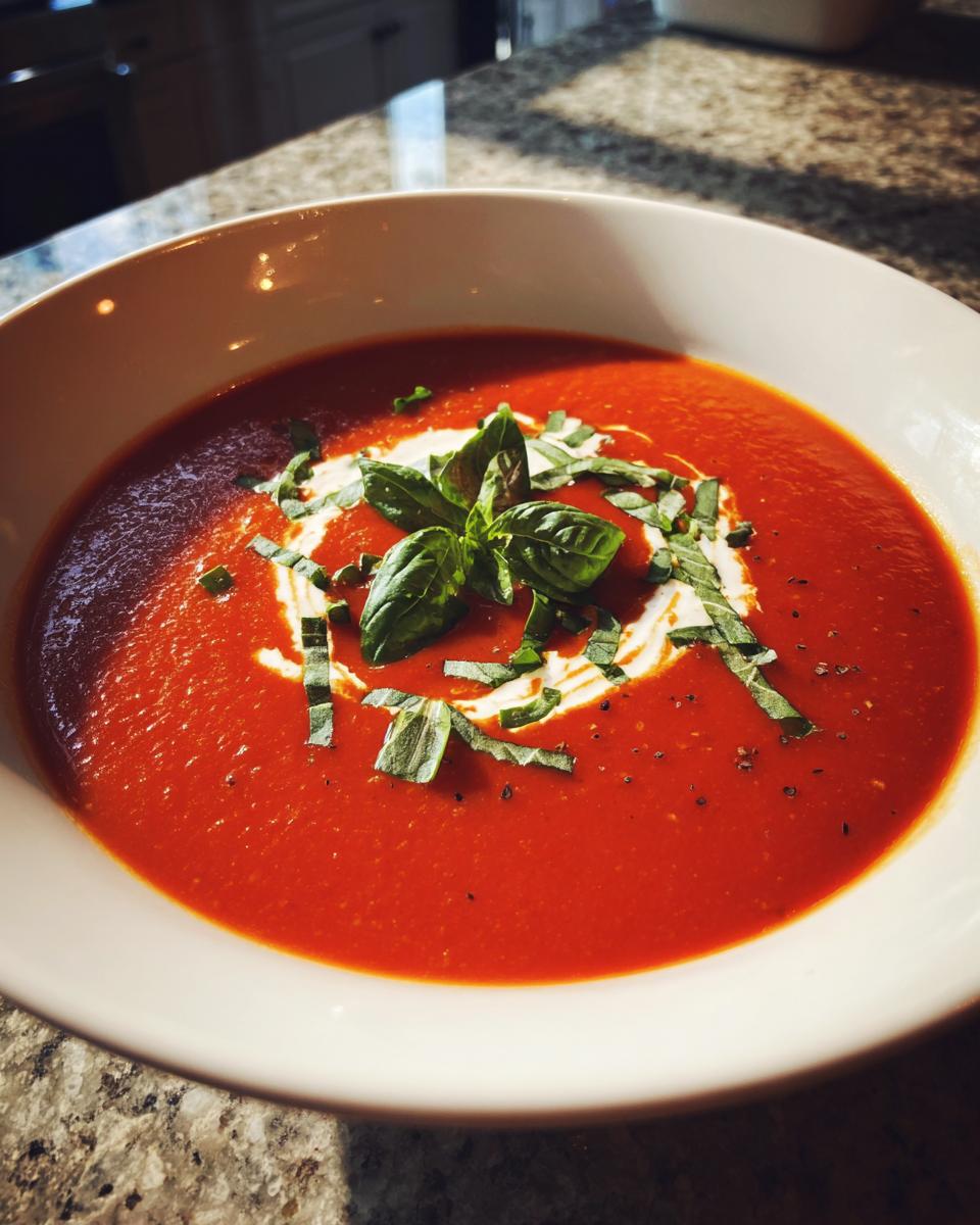 A close-up of a bowl of vibrant Tomato Soup, garnished with a swirl of cream, fresh basil leaves, and chopped herbs.