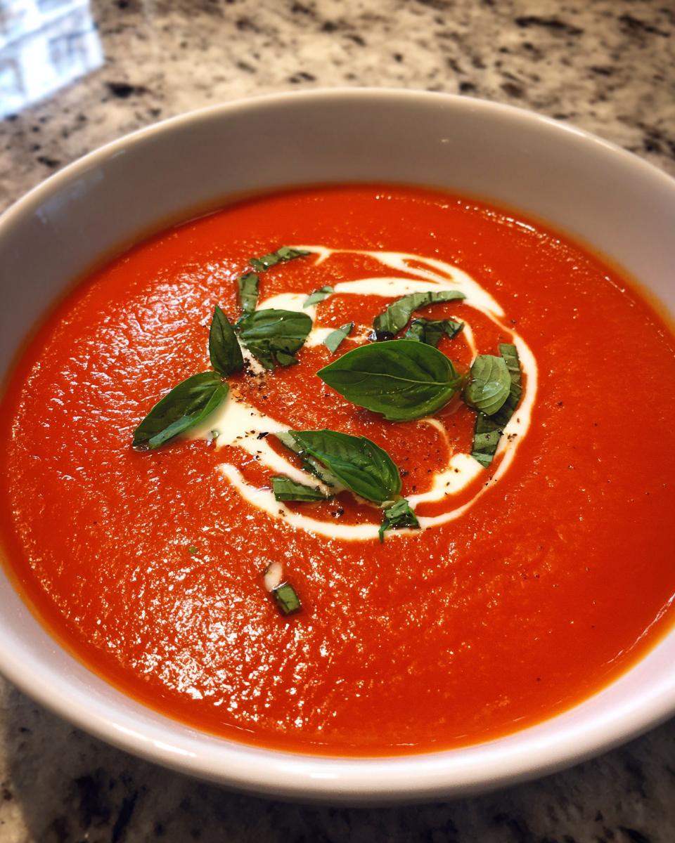 A bowl of vibrant Tomato Soup topped with a swirl of cream and fresh basil leaves.