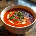 A bowl of rich tomato soup swirled with cream and garnished with fresh basil leaves and cracked pepper.