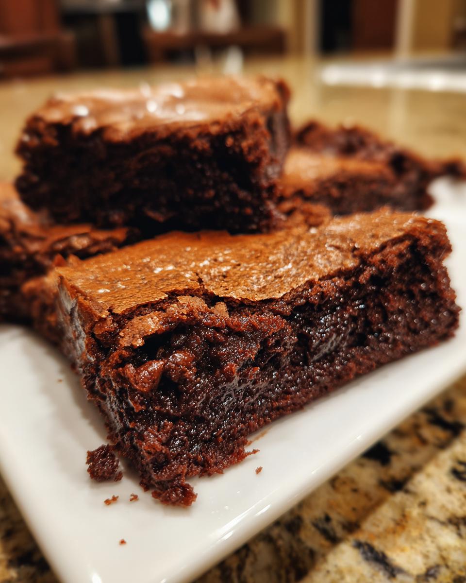 Close-up of a rich, fudgy brownie slice with a slightly cracked top, showcasing its dense texture.