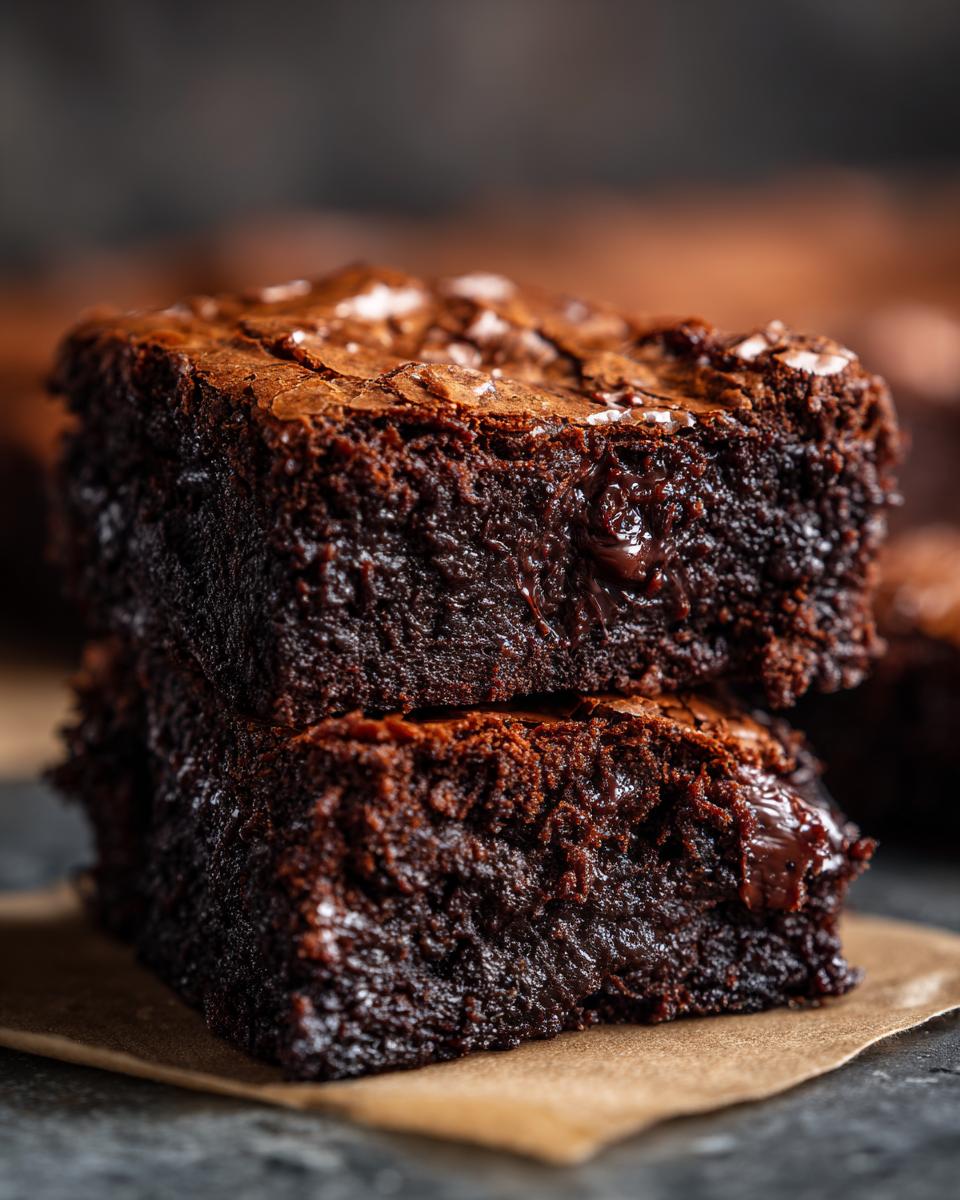 Close-up of a stack of two ultimate fudgy brownies, showing their rich chocolate texture and gooey center.