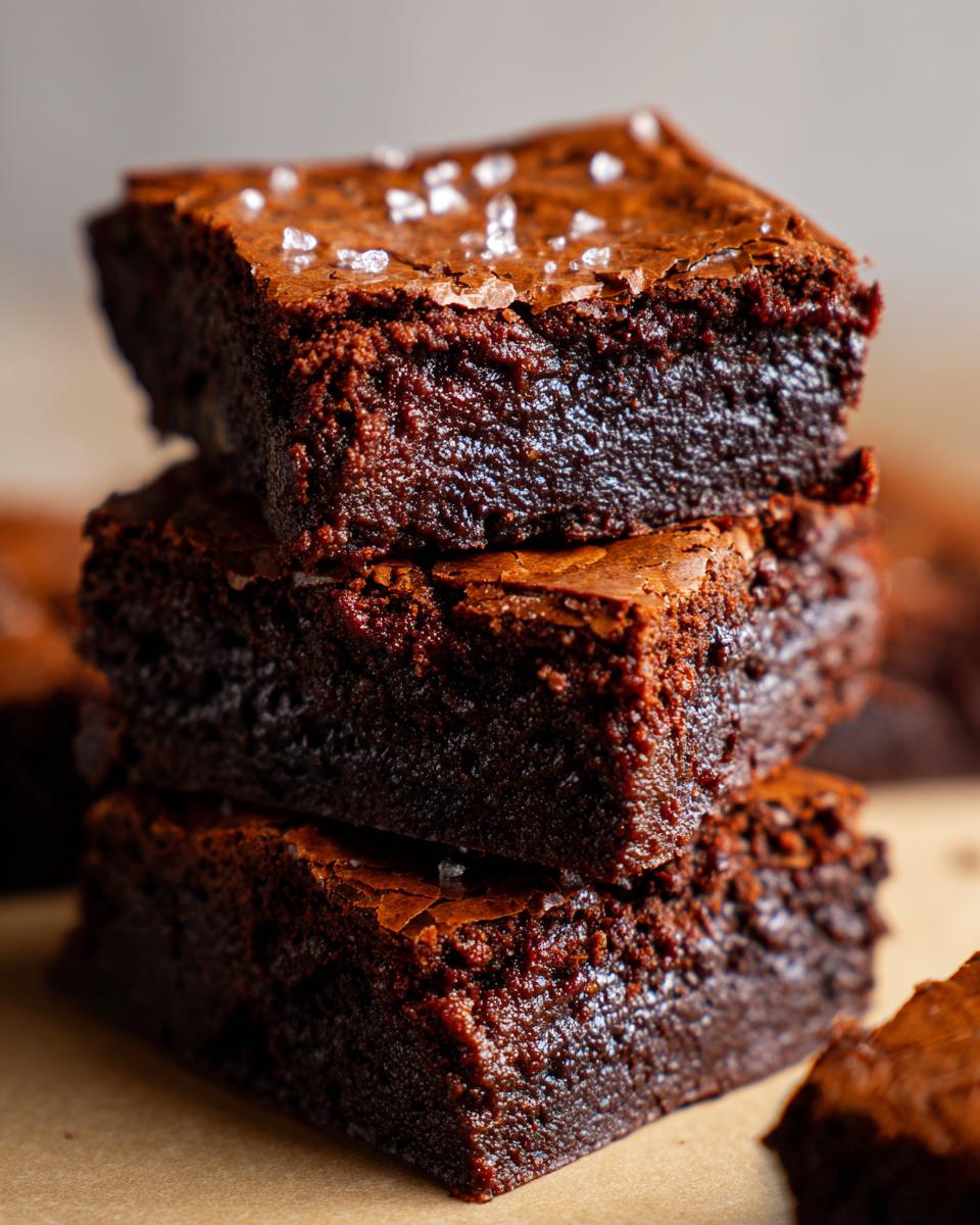 A stack of three Ultimate Fudgy Brownies topped with flaky sea salt, showcasing their rich chocolate texture.