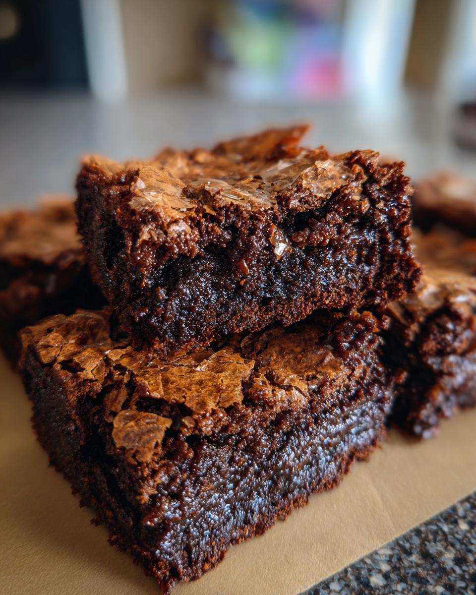 Close-up of stacked, fudgy brownies with a cracked, glossy top.