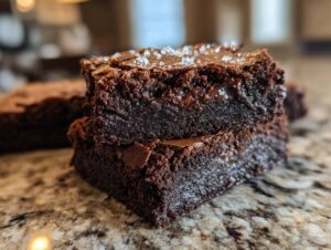 Close-up of two stacked fudgy brownies, topped with flaky sea salt, showcasing their rich chocolate interior.
