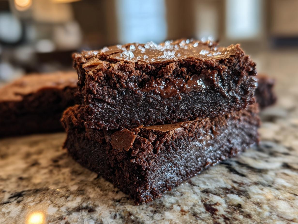 Close-up of two stacked fudgy brownies, topped with flaky sea salt, showcasing their rich chocolate interior.
