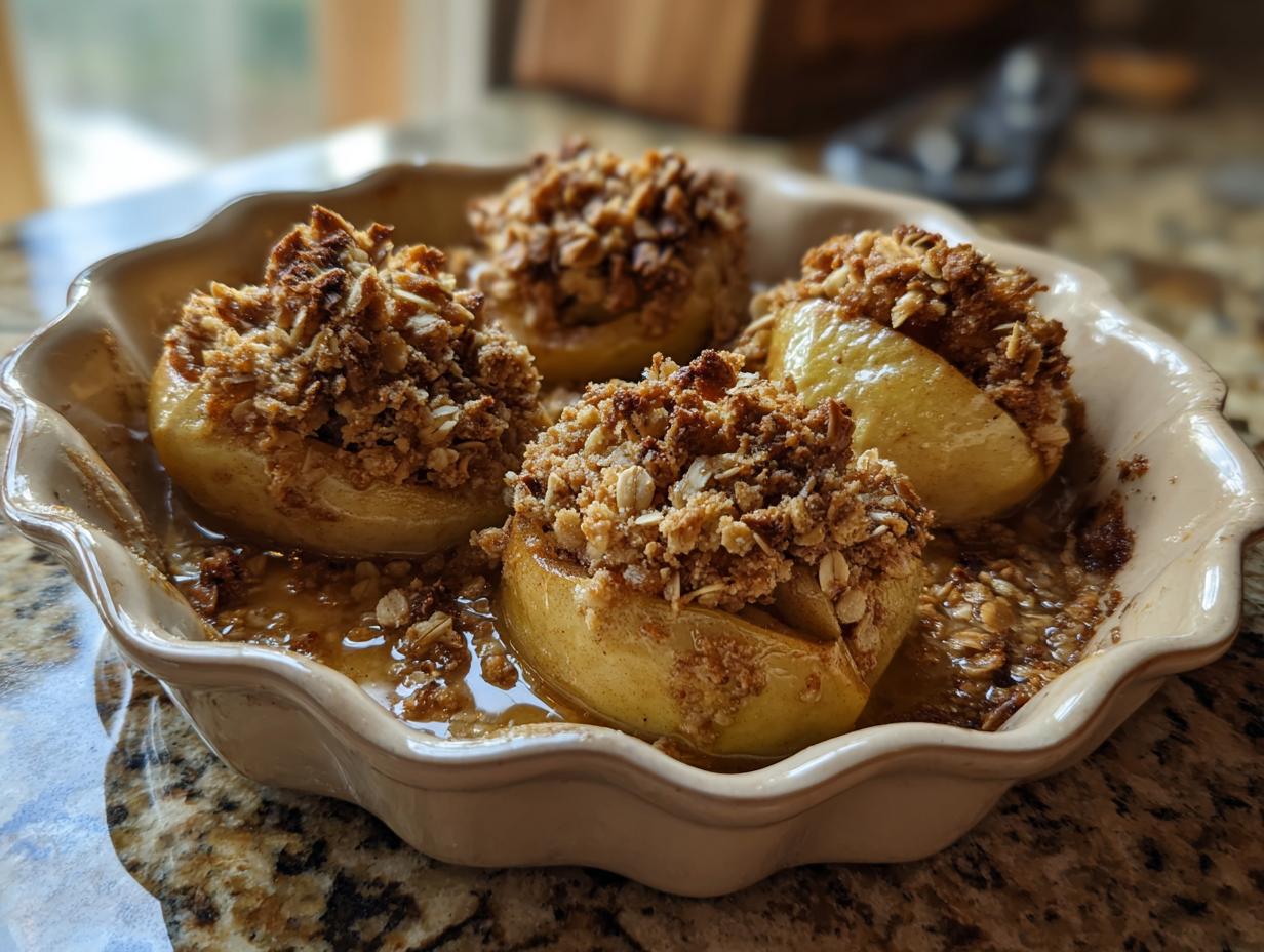 Four baked apples with a crunchy oat topping, served in a pie dish, a delicious apple crisp.