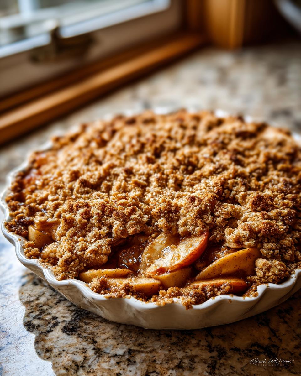 Close-up of a freshly baked apple crisp in a white pie dish, showing tender apple slices and a golden brown crumble topping.