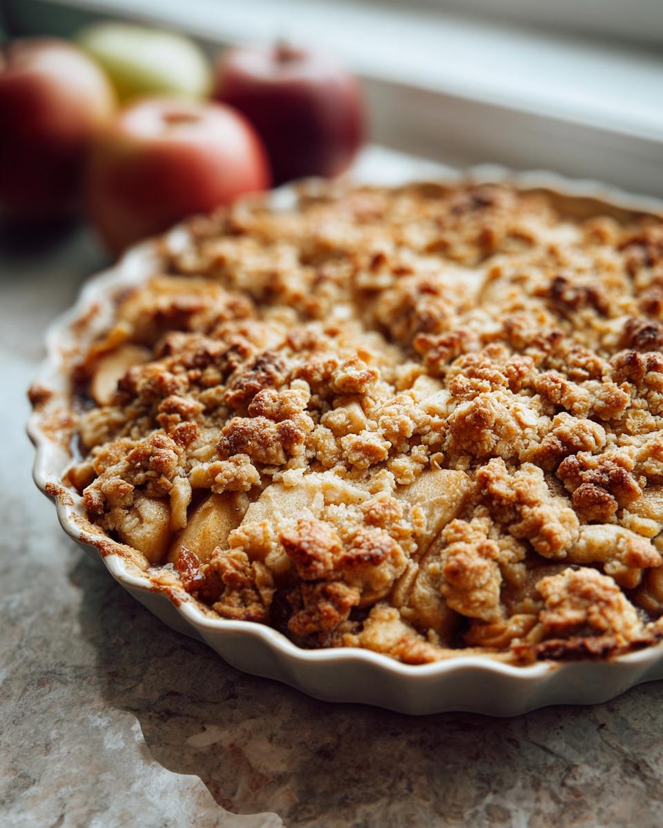 Close-up of a golden brown, bubbly apple crisp in a white ceramic dish, with apples visible beneath the crumb topping.