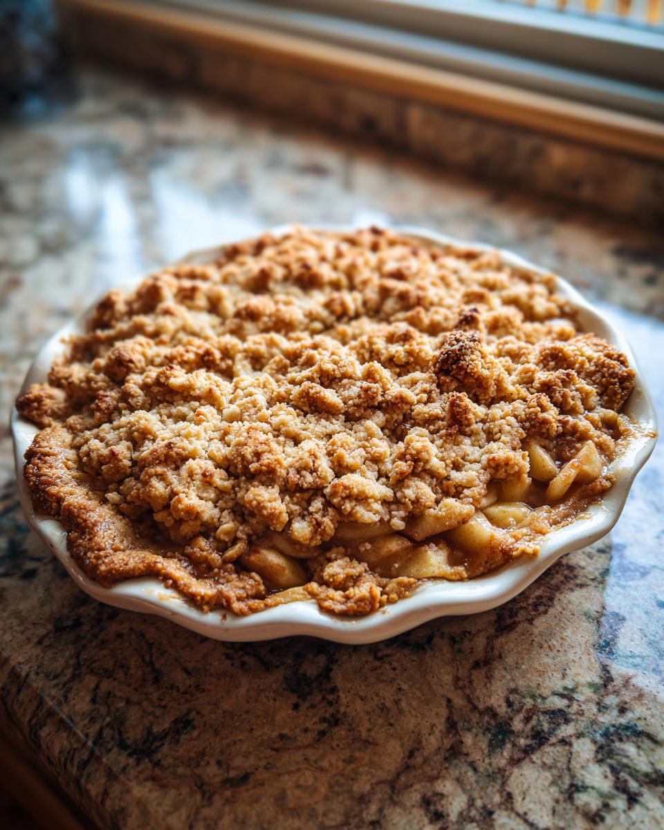 A warm, golden apple crisp in a white pie dish, showcasing a perfectly baked crumble topping over tender apples.