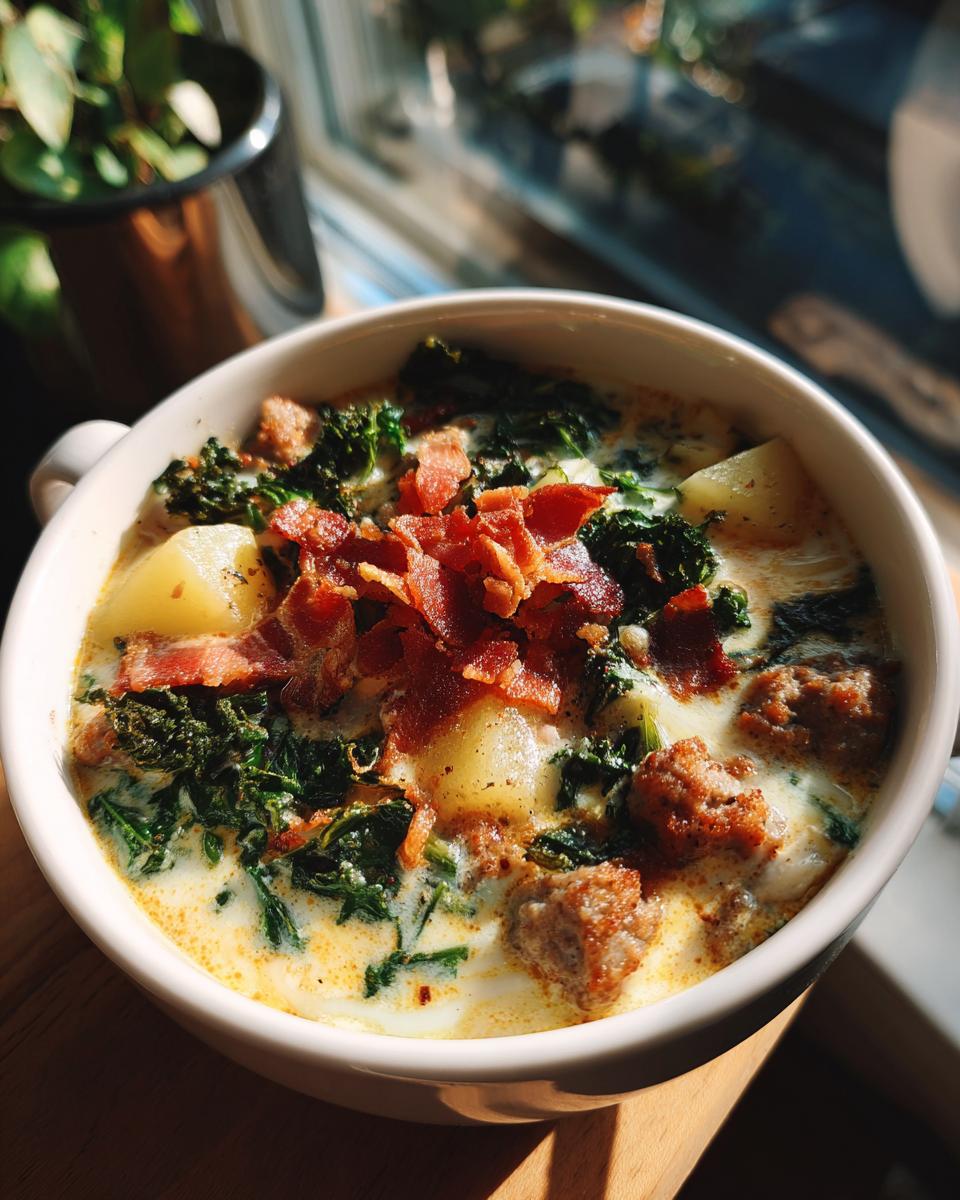 A close-up bowl of Zuppa Toscana soup, featuring potatoes, kale, Italian sausage, and crispy bacon.