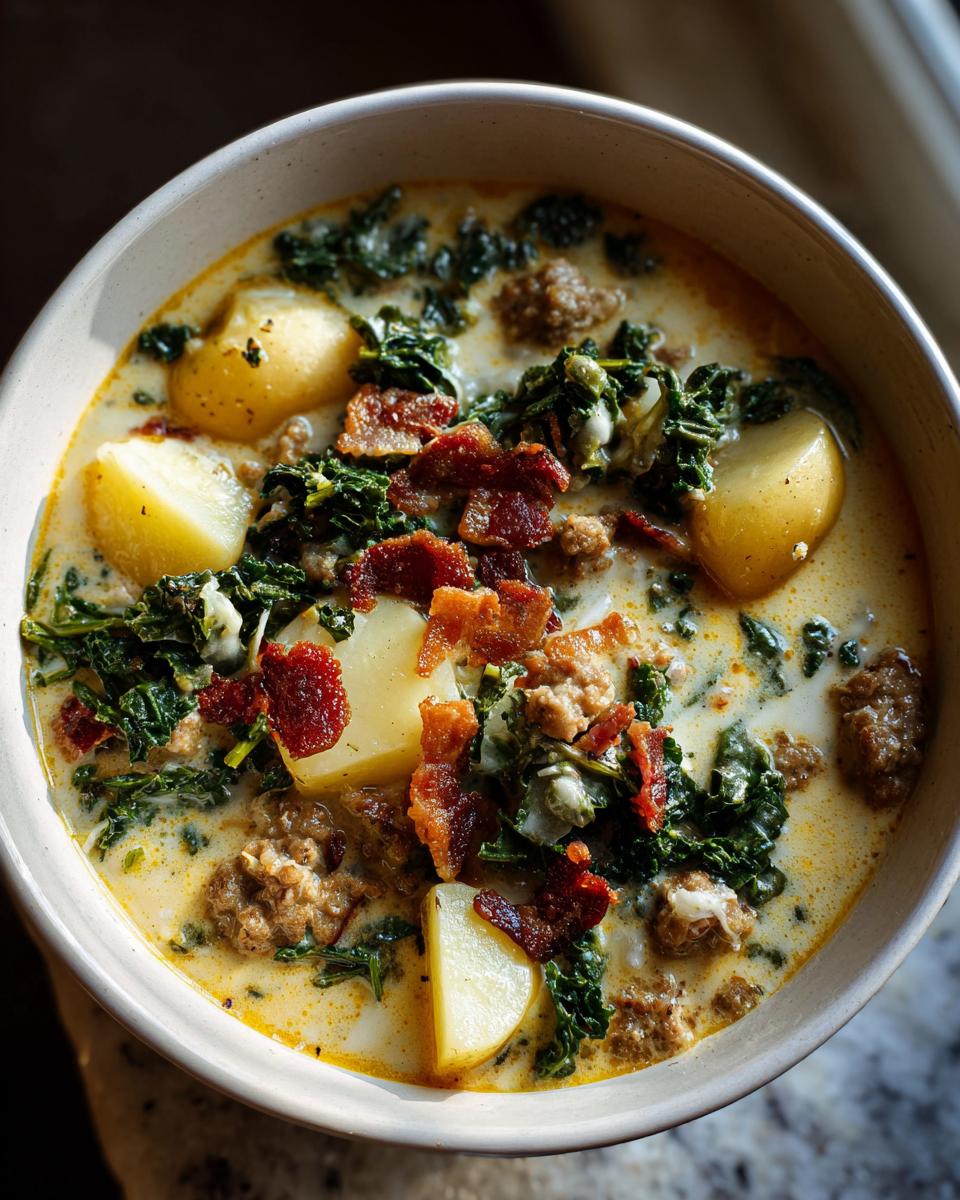 A close-up overhead view of a bowl of Zuppa Toscana, featuring potatoes, kale, sausage, and bacon.