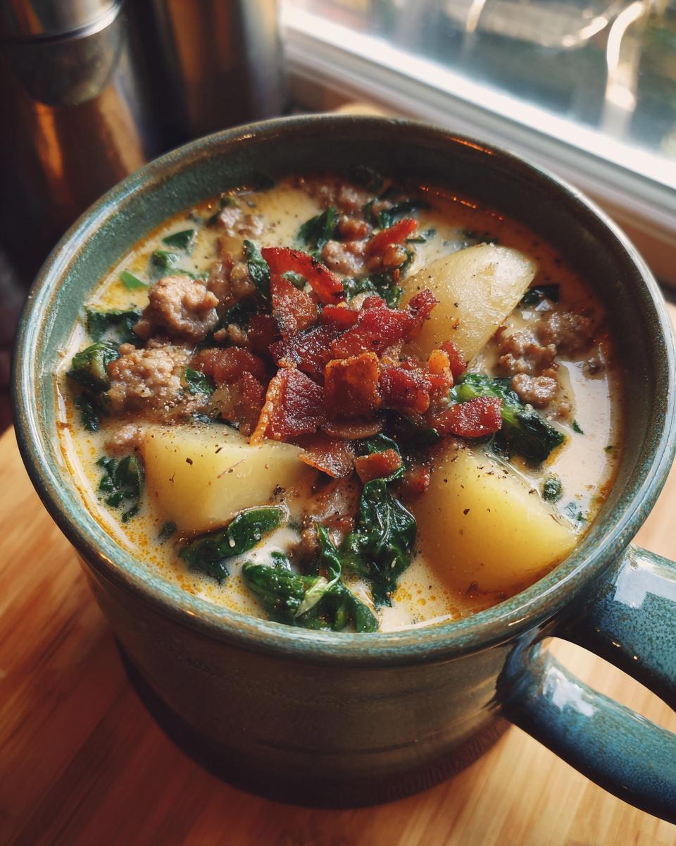 A close-up of a steaming bowl of Zuppa Toscana soup, featuring potatoes, sausage, kale, and crispy bacon.