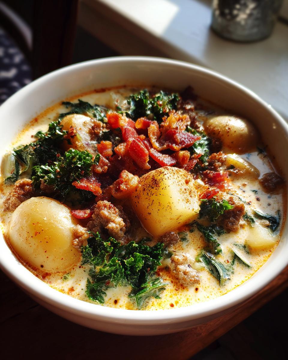 A close-up of a bowl of Zuppa Toscana soup, featuring potatoes, sausage, kale, and crispy bacon.
