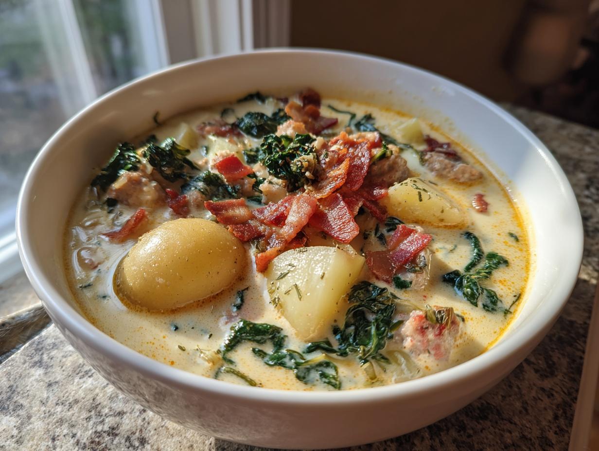 A close-up of a bowl of Zuppa Toscana soup, featuring potatoes, kale, sausage, and crispy bacon.