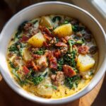 A close-up of a white bowl filled with hearty Zuppa Toscana, featuring potatoes, sausage, kale, and bacon.