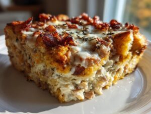 Close-up of a hearty slice of Turkey Casserole with melted cheese and crispy topping on a white plate.