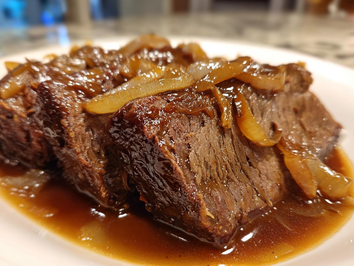 Close-up of thick, tender slices of slow-cooked beef brisket covered in rich brown gravy and caramelized onions.