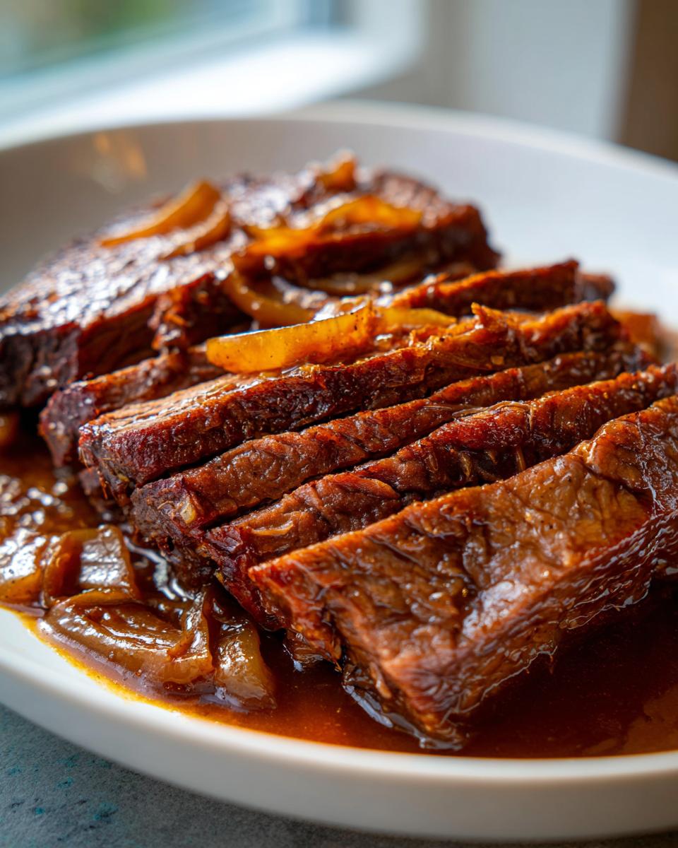 Close-up of tender, sliced beef brisket covered in rich brown sauce and caramelized onions.