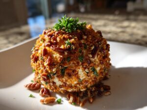 A festive cheese ball coated in chopped pecans and herbs, perfect for parties.