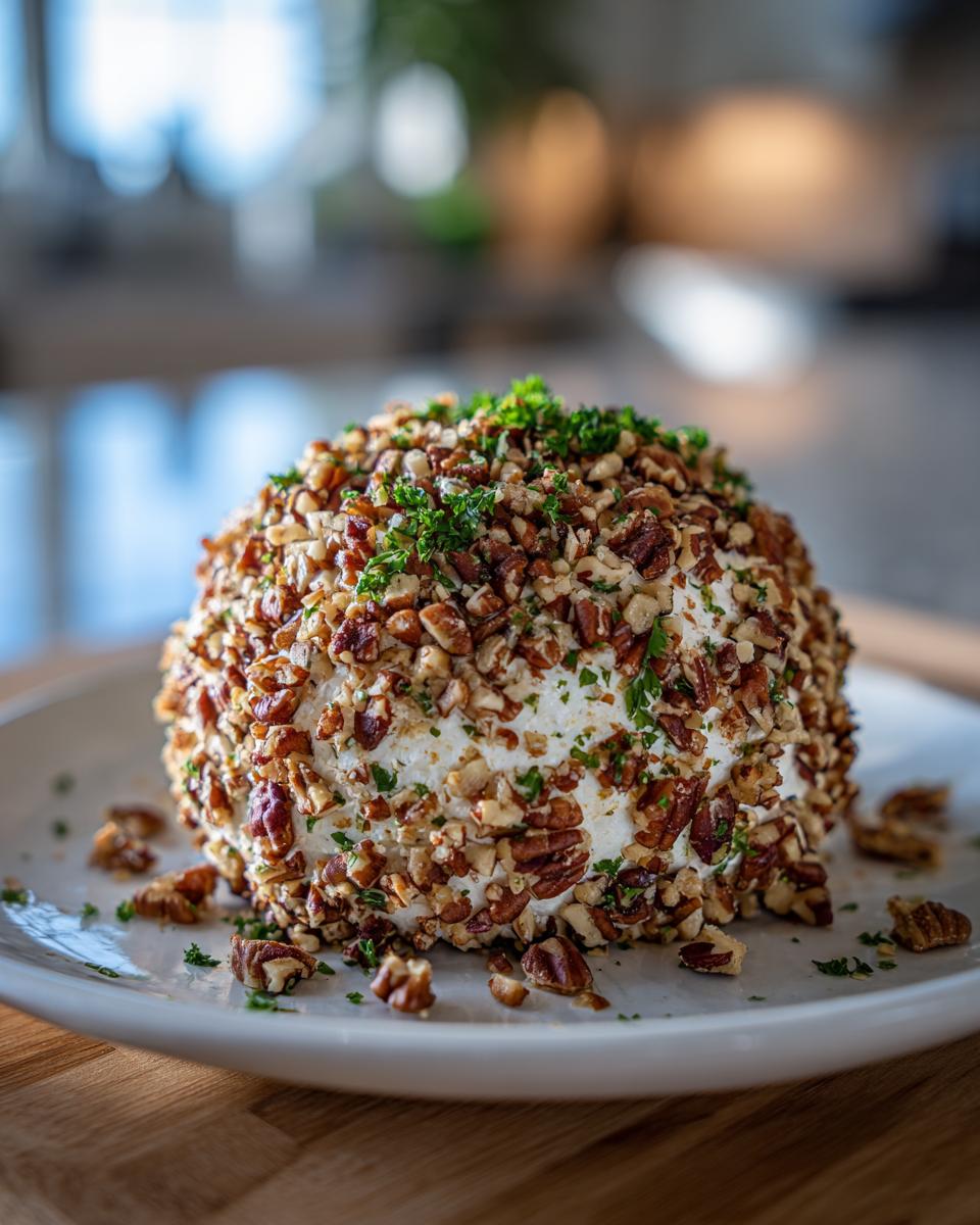 A festive cheese ball covered in chopped pecans and fresh parsley, ready to be served as a party dip.