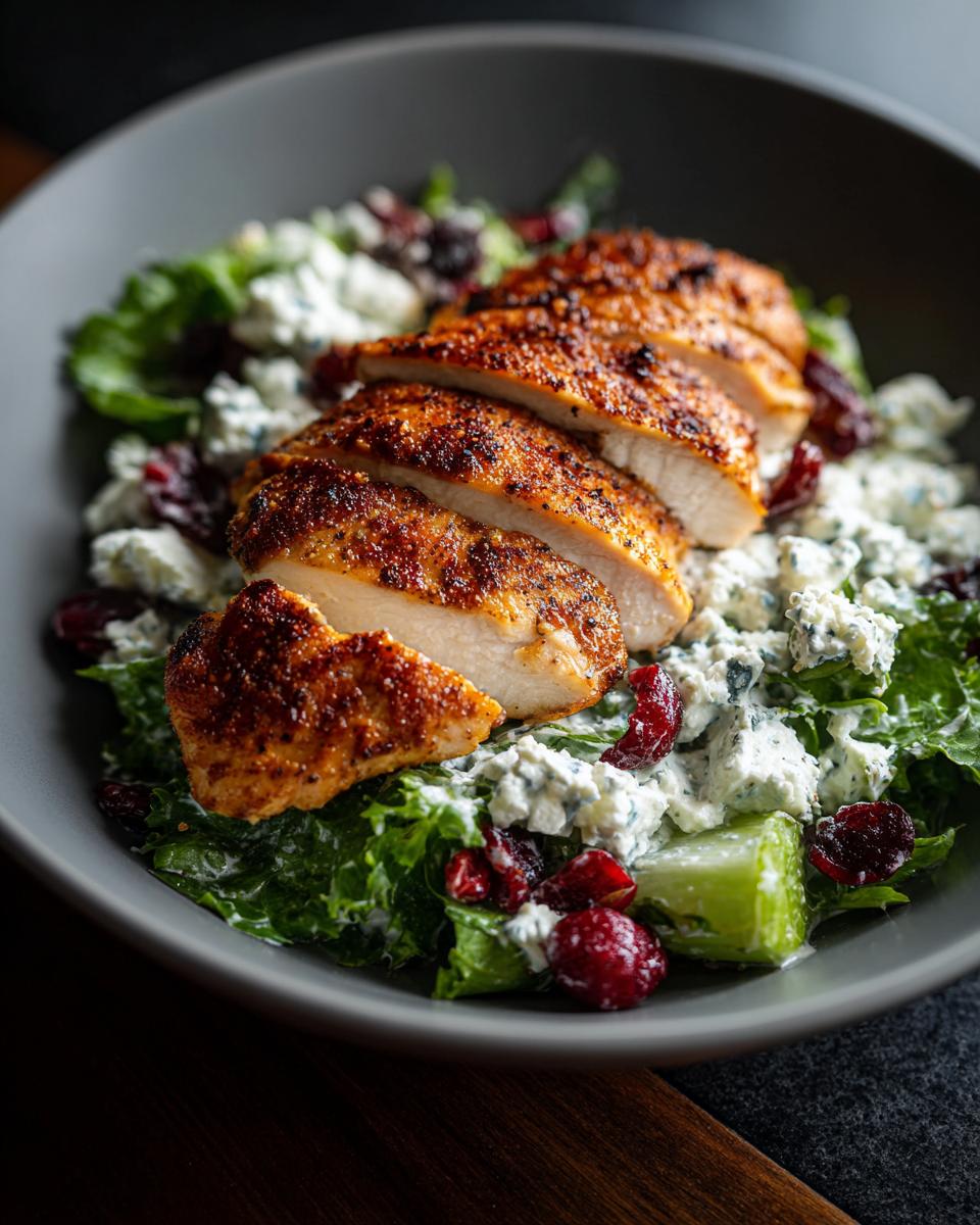 A close-up of a delicious chicken salad featuring sliced grilled chicken, crisp lettuce, crumbled blue cheese, and dried cranberries.