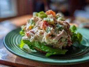 A generous serving of creamy chicken salad piled high on lettuce leaves, ready to be enjoyed.