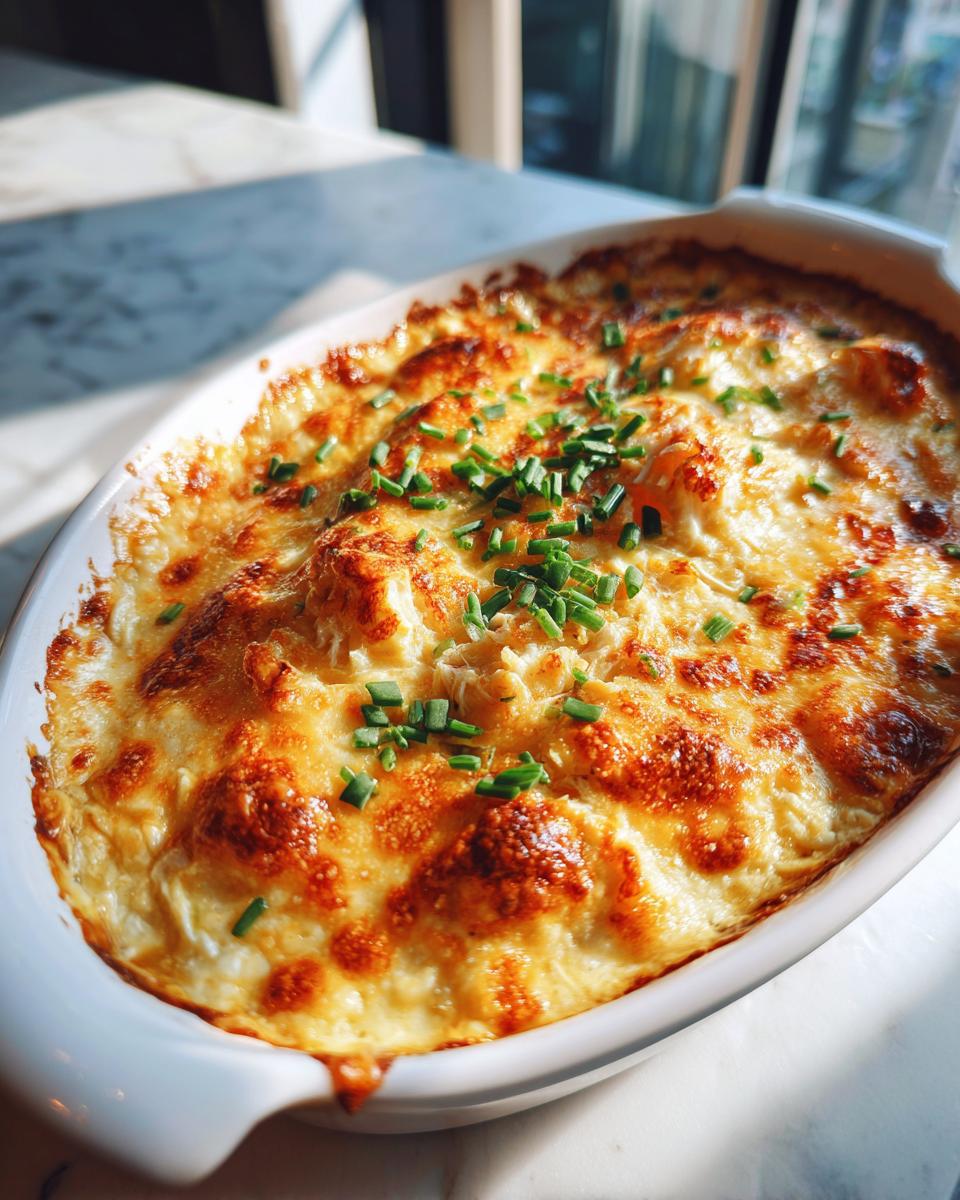 A close-up of a baked crab dip in a white casserole dish, topped with melted cheese and fresh chives.