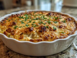 A close-up, side view of a bubbly, golden-brown baked crab dip in a white pie dish, garnished with fresh chives.