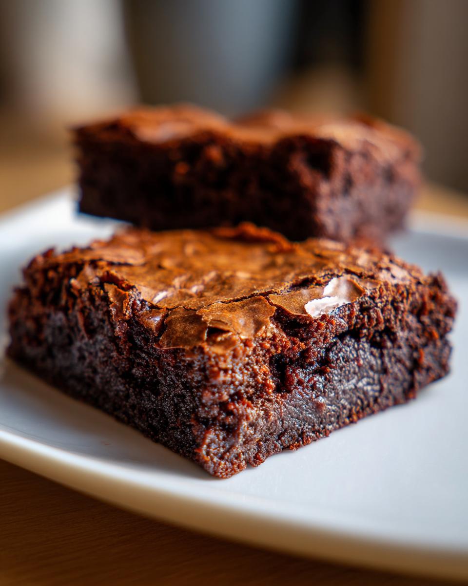 A close-up, low-angle shot of two rich, dark fudge brownies with shiny, cracked tops on a white plate.