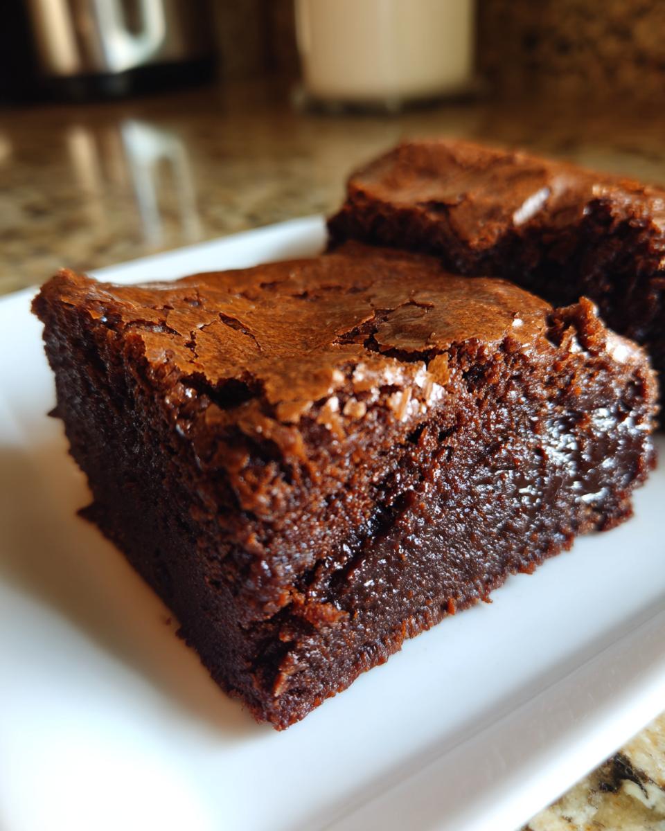 Close-up of a rich, dark, and moist square of fudge brownies showing a shiny, crackly top.