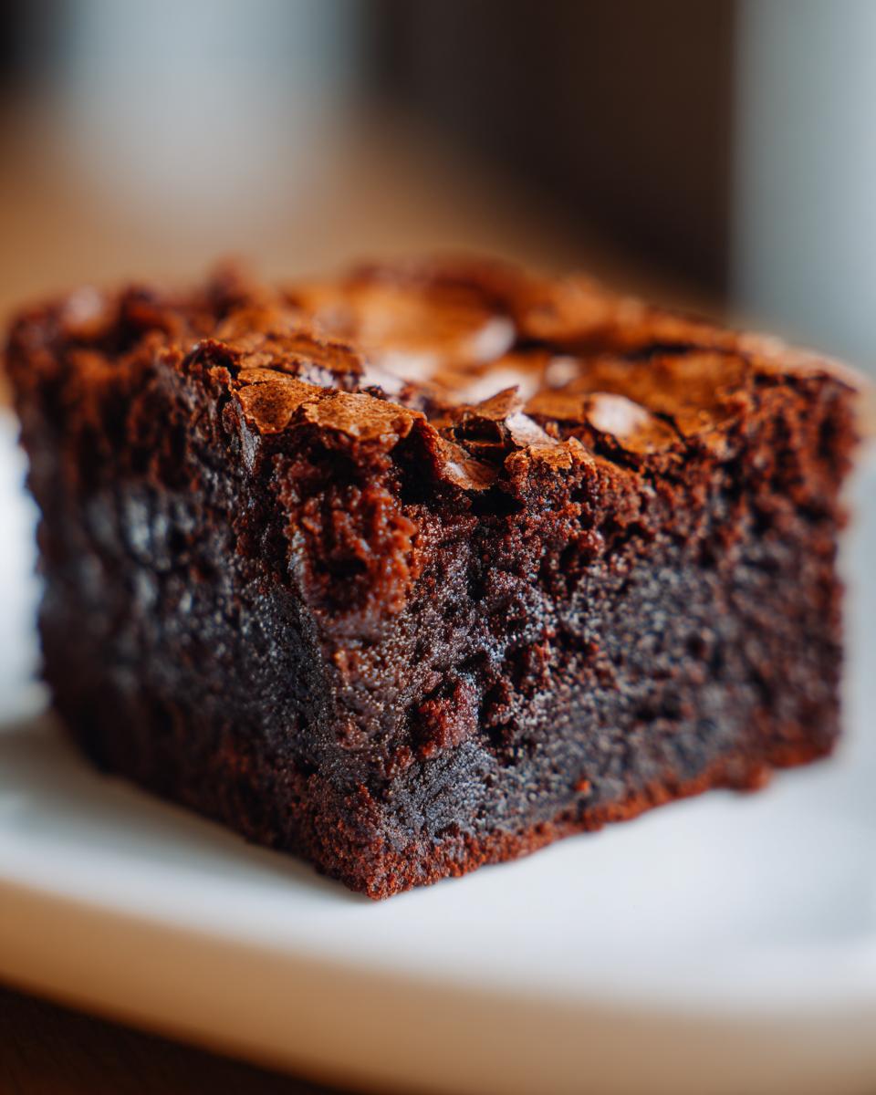 A single, rich, dark square of fudge brownies sits on a white plate, showing a shiny, crackly top.