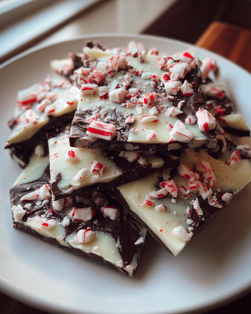 A close-up of dark and white chocolate peppermint bark, generously topped with crushed candy canes.