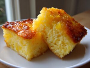 Two moist squares of bright yellow pineapple casserole with a caramelized, glossy top.