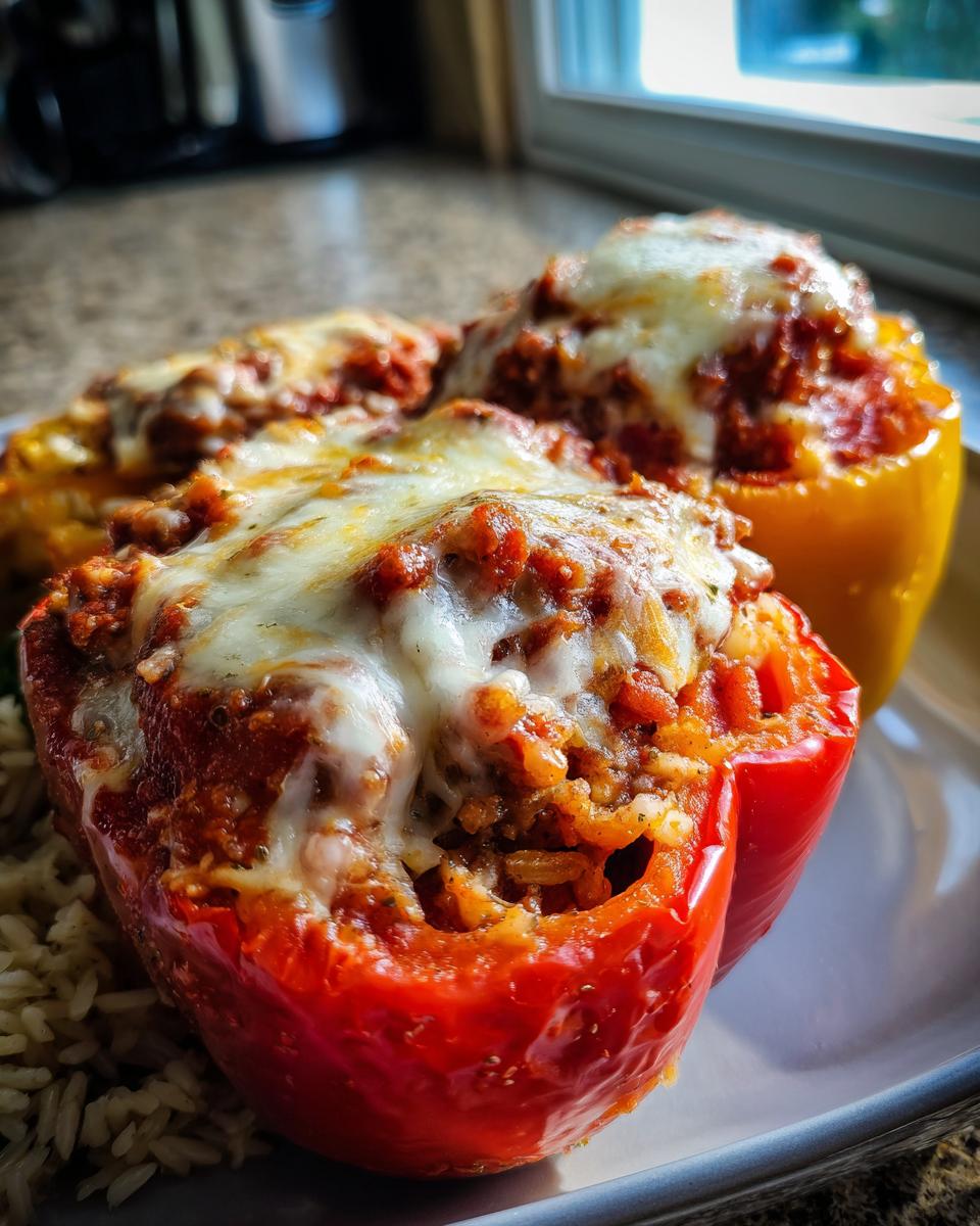 Close-up of cheesy, saucy stuffed peppers served over a bed of rice.