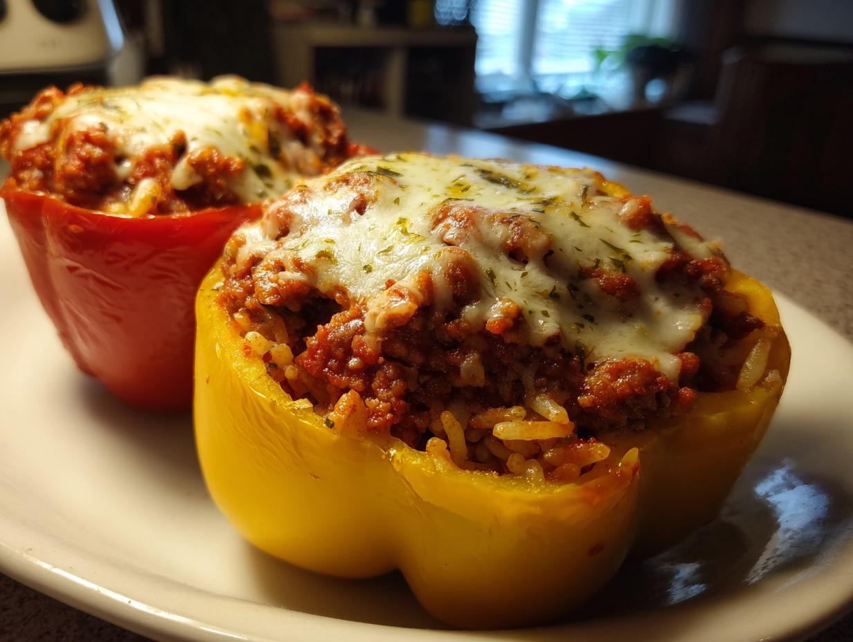 Two colorful stuffed peppers, one yellow and one red, filled with meat and rice and topped with melted cheese.