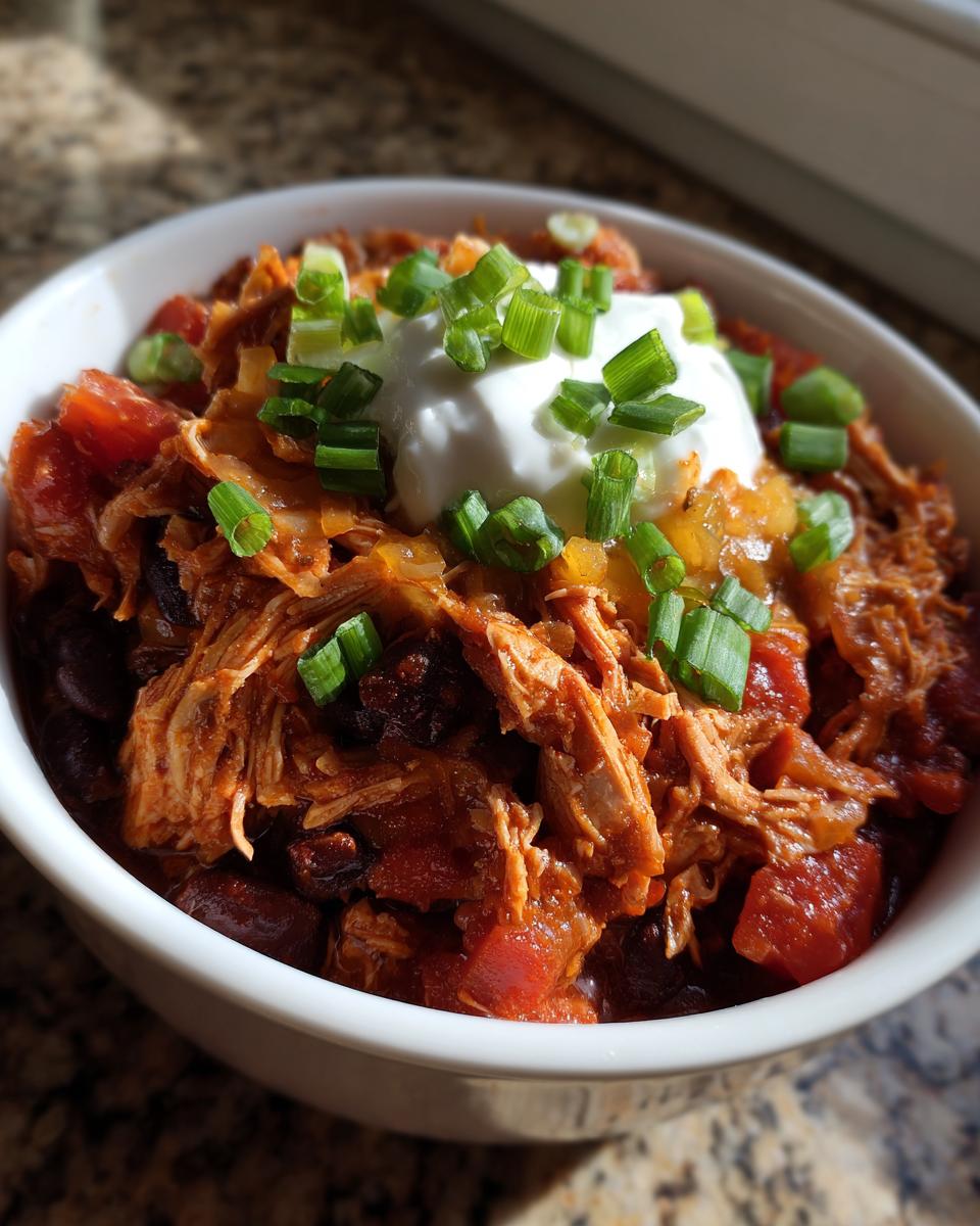 Close-up of a white bowl filled with shredded Turkey chili, topped with sour cream and fresh green onions.