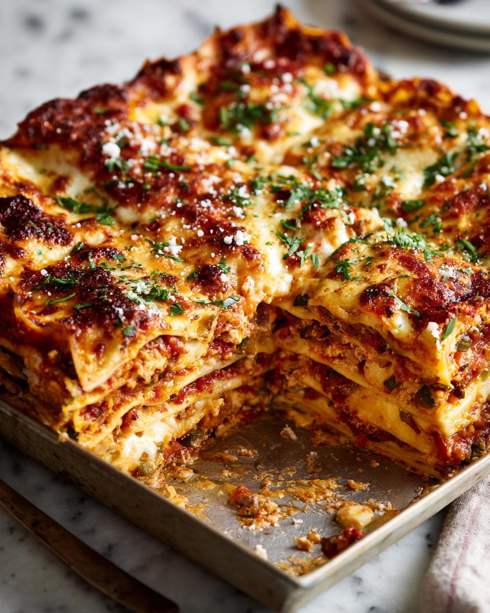 A close-up of a slice of amazing vegetable lasagna, showing layers of pasta, sauce, cheese, and vegetables, topped with fresh parsley.