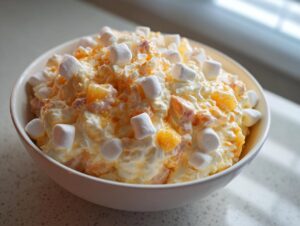 A white bowl filled with fluffy Ambrosia salad, topped with mini marshmallows and shredded coconut.