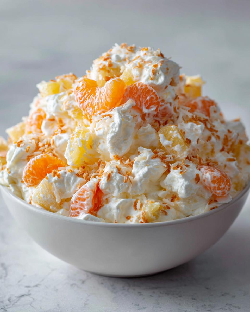 A close-up of a white bowl filled with fluffy Ambrosia salad, featuring whipped cream, mandarin oranges, pineapple chunks, and toasted coconut.