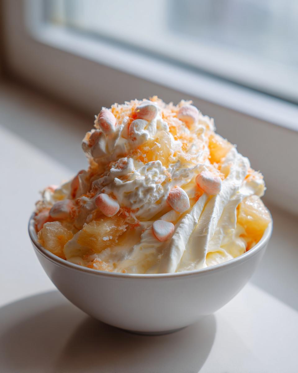 A close-up of a bowl of fluffy Ambrosia salad topped with whipped cream, mini marshmallows, and shredded coconut.