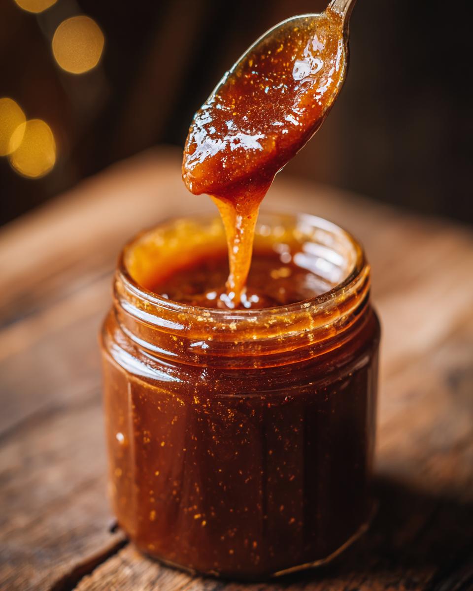 A spoonful of rich, dark apple butter being lifted from a glass jar, showcasing its thick, glossy texture.