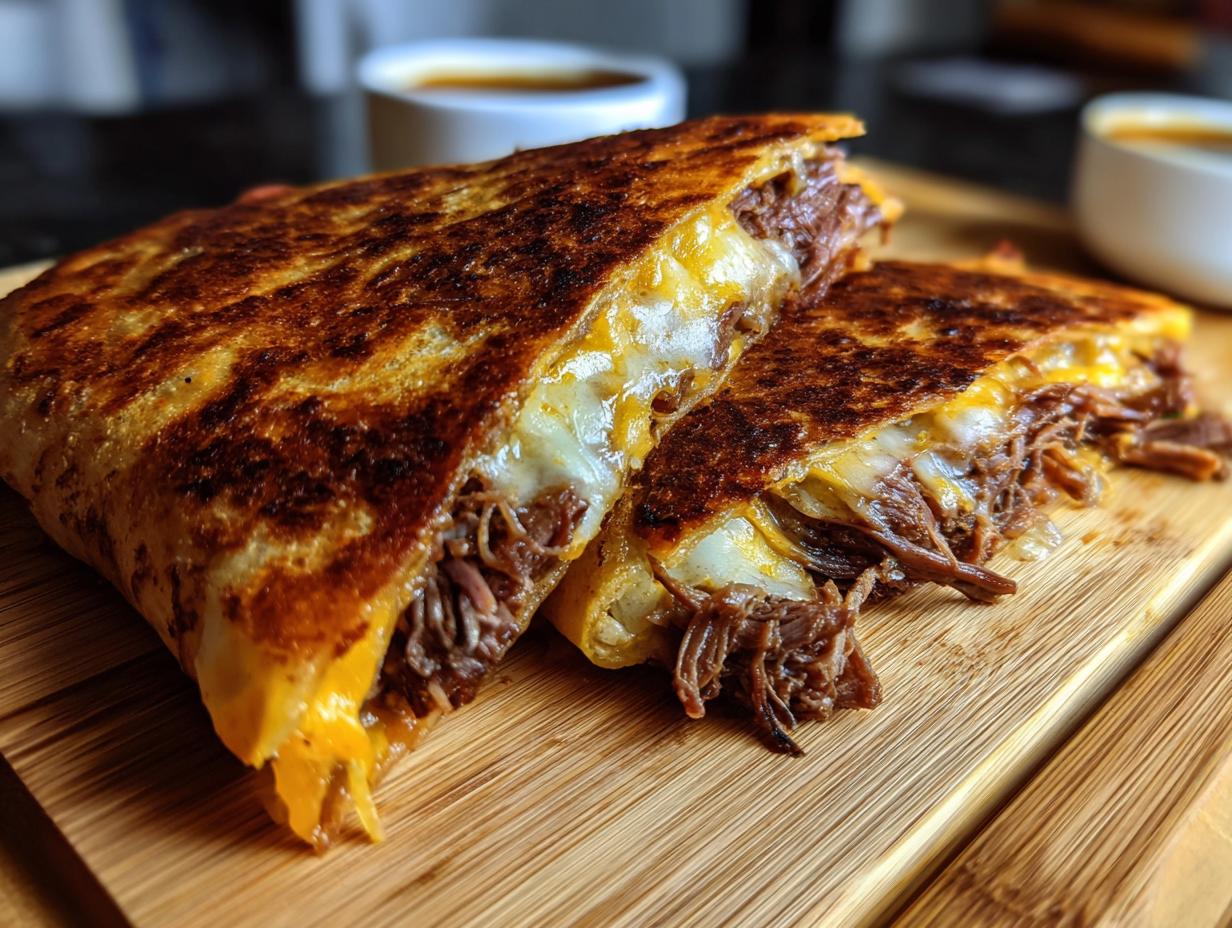 Close-up of authentic birria tacos, cut in half, revealing tender shredded beef and melted cheese.