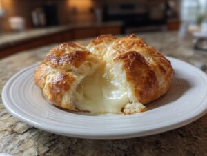 A golden-brown puff pastry-wrapped baked brie oozing with melted cheese on a white plate.