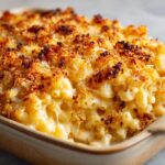 Close-up of a golden-brown baked mac and cheese with a crispy breadcrumb topping.