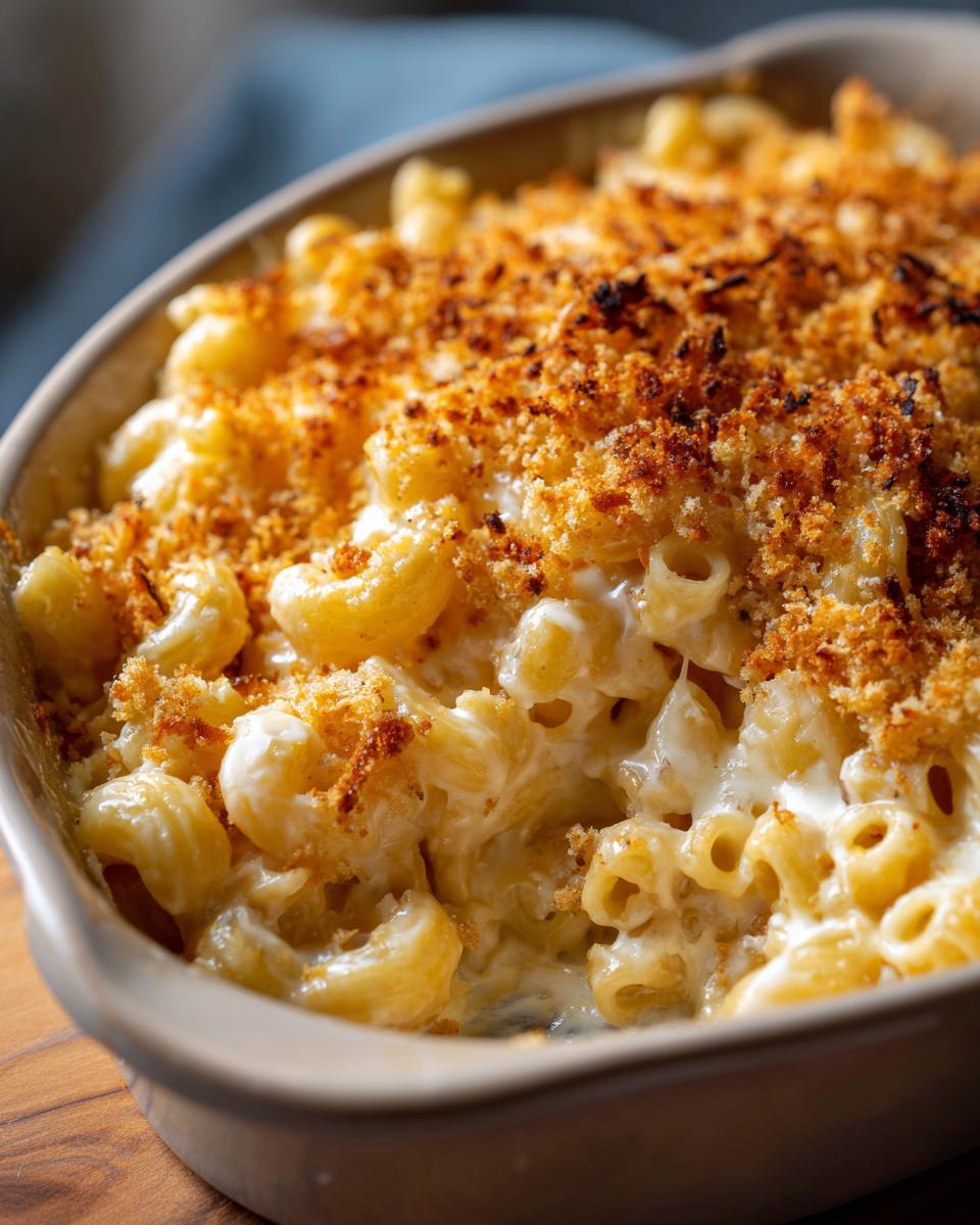 Close-up of creamy baked mac and cheese with a golden-brown breadcrumb topping in a casserole dish.