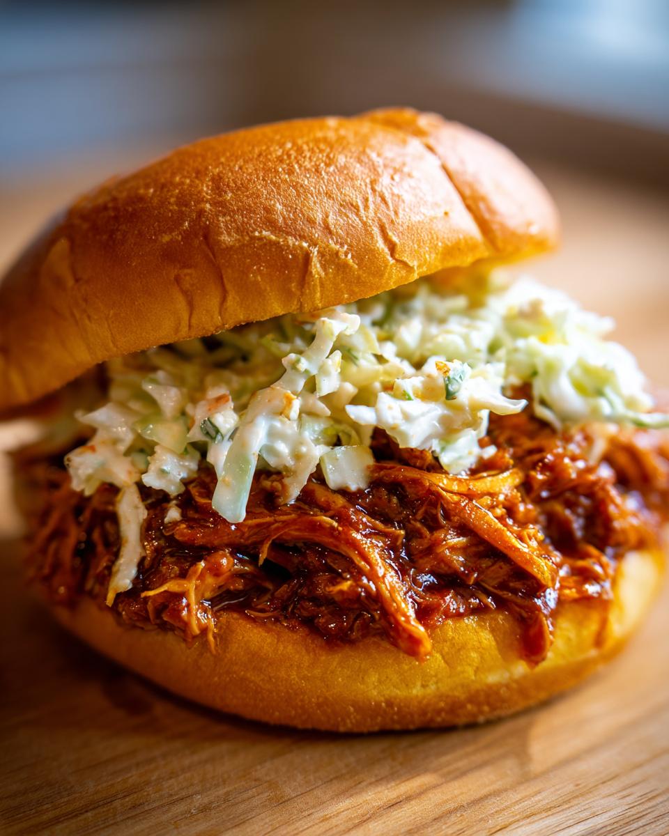 A close-up of a delicious barbecue turkey sandwich piled high with saucy meat and creamy coleslaw on a brioche bun.