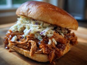 A juicy barbecue turkey sandwich piled high with shredded meat and creamy coleslaw on a brioche bun.
