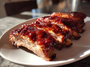 Close-up of tender BBQ ribs coated in a glossy, dark red sauce on a white plate.