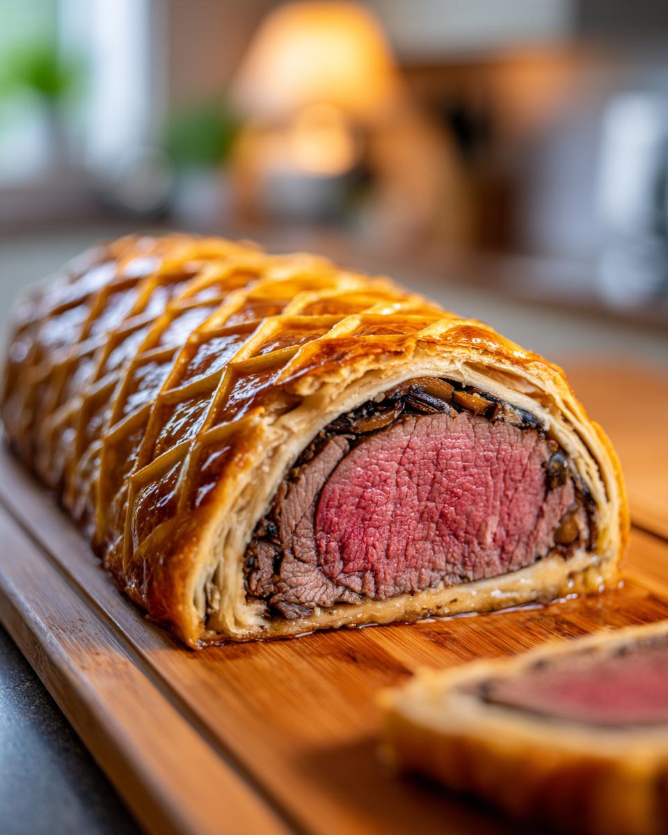 A beautifully golden-brown Beef Wellington, sliced to reveal a perfectly medium-rare beef tenderloin and mushroom duxelles.