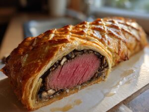 A close-up of a perfectly cooked Beef Wellington, showcasing the flaky pastry, mushroom duxelles, and medium-rare beef tenderloin.